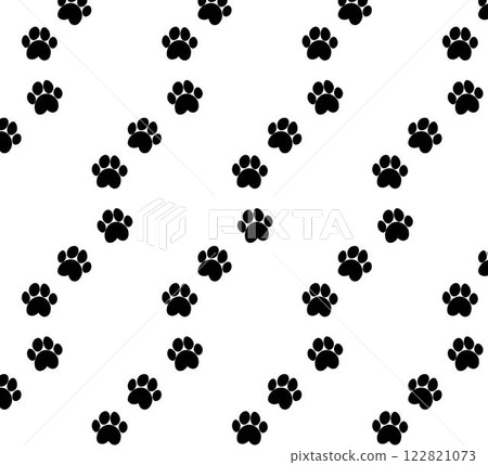 Seamless pattern of cat dog footprints steps trails. Black and white simple design. Print, background, wallpaper, vector 122821073