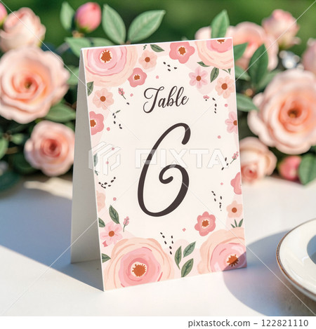 Elegant table number card with floral design at a wedding reception in a garden setting during daytime 122821110