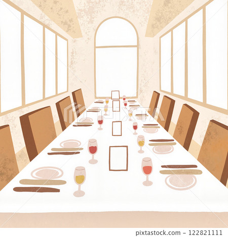 Elegant wedding reception setting with a long table, thoughtfully arranged with drinks and tableware for a special celebration 122821111