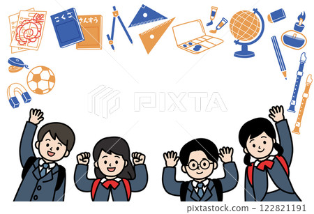 Vector illustration frame of children and school supplies Vector illustration frame of children and school supplies 122821191