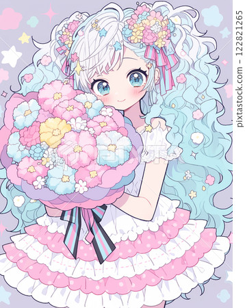 Cute girl with twin tails holding a bouquet / AI generated 122821265