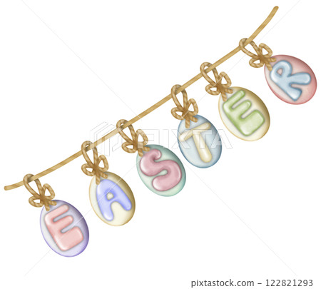 Egg Easter and Decorative letters spelling EASTER decorations pastel flowers theme with spring.  122821293