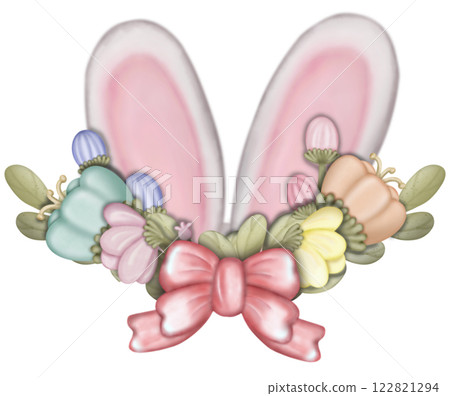 Egg Easter and Decorative letters spelling EASTER decorations pastel flowers theme with spring.  122821294