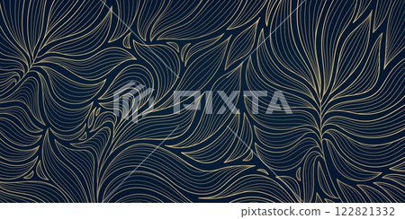 Vector art deco gold leaves pattern, line luxury elegant illustration, foliage floral plant print, nouveau textile, wavy jungle graphic. Vector art deco gold leaves pattern, line luxury elegant illustration, foliage floral plant print, nouveau textile, wavy jungle graphic. 122821332