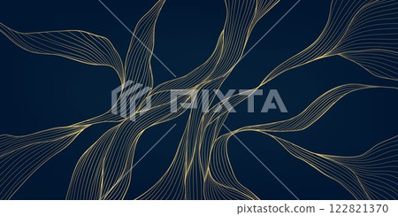 Vector gold abstract wave background, luxury curve graphic card, line premium shape banner, geometric flow cover. Japanese illustration. 122821370