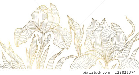 Vector golden iris flowers pattern, vintage floral border, blossom background. Luxury line botanical, nature ornament. Vector golden iris flowers pattern, vintage floral border, blossom background. Luxury line botanical, nature ornament. 122821374