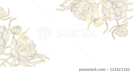 Vector gold floral background, flower line Chinese rose pattern, luxury wedding design, bloom frame. Oriental peony foil on white card, oriental style. 122821382