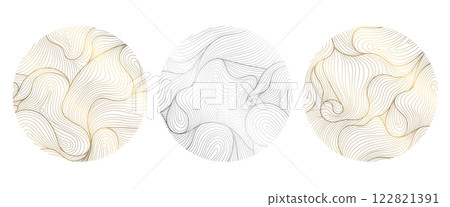 Vector set of silver and gold line organic circles, abstract wave logos. Sea, spa, ocean nature emblems, yoga, wellness luxury background, round signs texture. Vector set of silver and gold line organic circles, abstract wave logos. Sea, spa, ocean nature emblems, yoga, wellness luxury background, round signs texture. 122821391
