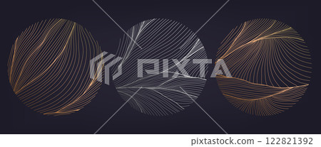 Vector set of silver and gold line organic circles, abstract wave logos. Sea, spa, ocean nature emblems, yoga, wellness luxury background, round signs texture. Vector set of silver and gold line organic circles, abstract wave logos. Sea, spa, ocean nature emblems, yoga, wellness luxury background, round signs texture. 122821392