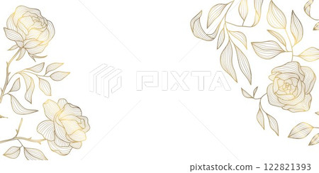 Vector gold rose line background, flower illustration, border, frame. Plant chinese linear blossom, royal elegant ornament. Vector gold rose line background, flower illustration, border, frame. Plant chinese linear blossom, royal elegant ornament. 122821393