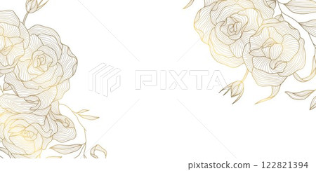 Vector gold rose line background, flower illustration, border, frame. Plant chinese linear blossom, royal elegant ornament. 122821394