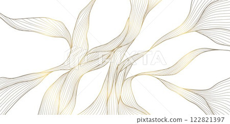 Vector gold wave line background, premium curve shape, glitter elegant template. Flow light design, ribbon banner. 122821397