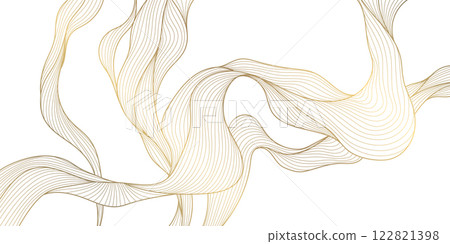 Vector gold wave line background, premium curve shape, glitter elegant template. Flow light design, ribbon banner. 122821398