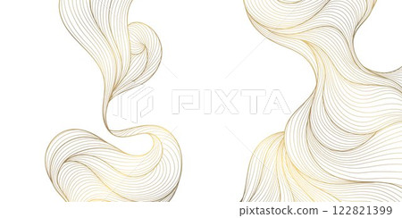 Vector gold wave line background, premium curve shape, glitter elegant template. Flow light design, ribbon banner. 122821399