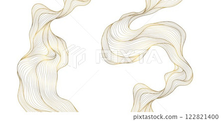 Vector gold wave line background, premium curve shape, glitter elegant template. Flow light design, ribbon banner. 122821400