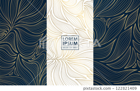 Vector set of art deco leaves pattern, luxury gold line floral design, leaf labels, floral logos, ornaments. Elegant wine, package, gift package labels. 122821409
