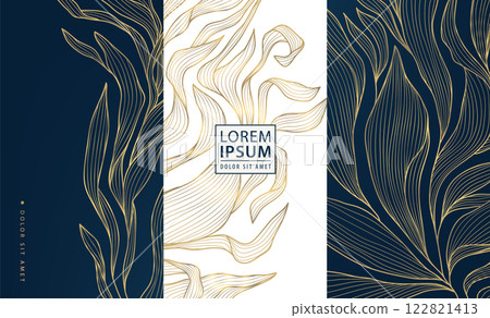 Vector set of art deco leaves pattern, luxury gold line floral design, leaf labels, floral logos, ornaments. Elegant wine, package, gift package labels. Vector set of art deco leaves pattern, luxury gold line floral design, leaf labels, floral logos, ornaments. Elegant wine, package, gift package labels. 122821413