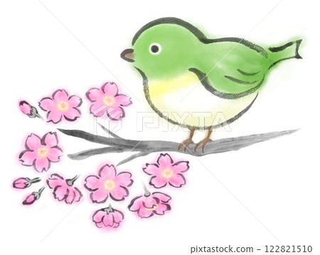 Brush-drawn cherry blossoms and Japanese white-eye 122821510