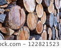 木材倉庫的景象,砍伐的原木整齊地堆放起來等待乾燥 木材倉庫的景象,砍伐的原木整齊地堆放起來等待乾燥 122821523