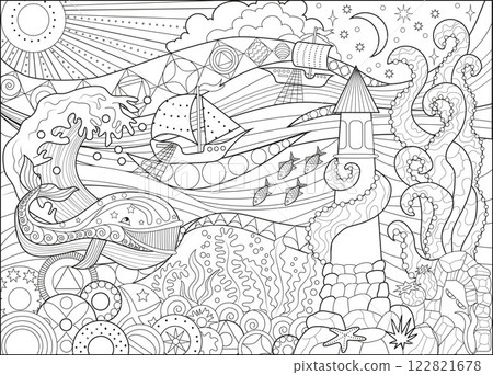Line art vector illustration with whale, light house and sea life. Zentangle style art with boho patterns. Hand drawn sketch for antistress, coloring page for children and adults, decoration, cards 122821678