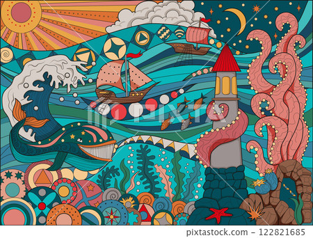 Colorful vector illustration with whale, light house, ship, octopus monster and sea life. Zentangle style art with boho patterns. Hand drawn artwork for decoration, cards Colorful vector illustration with whale, light house, ship, octopus monster and sea life. Zentangle style art with boho patterns. Hand drawn artwork for decoration, cards 122821685