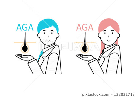 Illustration of a male and female doctor holding up scalp and hair icons 122821712