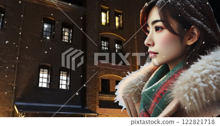 Snow and Japanese woman (night view) 122821718