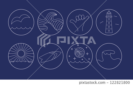 Simple thin line round ocean, surf icons for sticker, t shirt, merch design. White vector badge with sun, board, wave. Simple thin line round ocean, surf icons for sticker, t shirt, merch design. White vector badge with sun, board, wave. 122821800