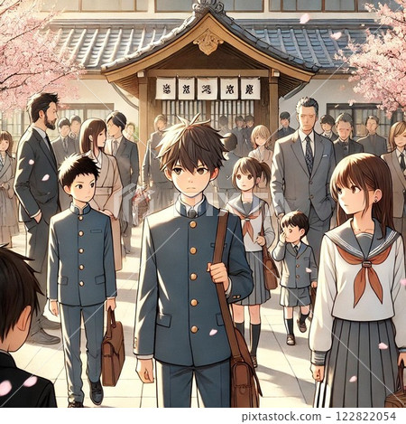 Junior high school and high school students walking among cherry blossoms at the entrance ceremony 122822054