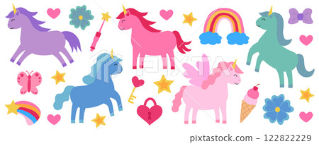 Set of Colorful Unicorns. Children vector flat illustration. 122822229