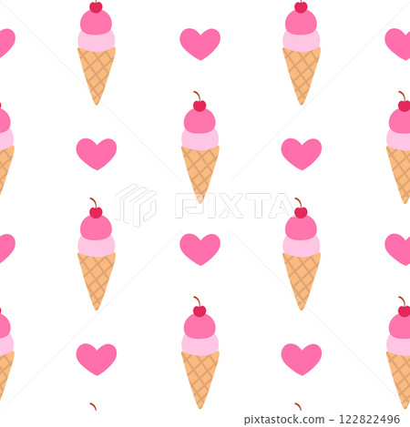 Seamless Pattern. Ice cream in waffle cone. Valentine day sweet food. Vector flat illustration. 122822496