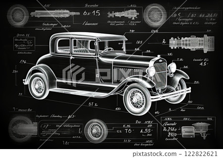 Hot rod car. Vintage blueprint design. Poster, wall art. Generative Ai 122822621