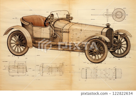 Classic car. Vintage blueprint design. Poster, wall art. Generative Ai 122822634