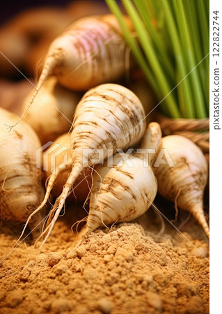 Peruvian maca freshly harvested. Food supplements and healthy products from nature. Ai Generative 122822744