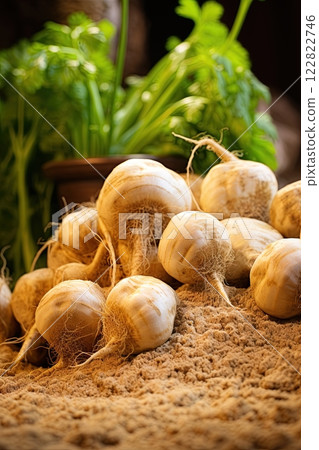 Peruvian maca freshly harvested. Food supplements and healthy products from nature. Ai Generative 122822746
