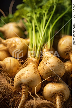 Peruvian maca freshly harvested. Food supplements and healthy products from nature. Ai Generative 122822764