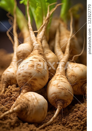 Peruvian maca freshly harvested. Food supplements and healthy products from nature. Ai Generative 122822770