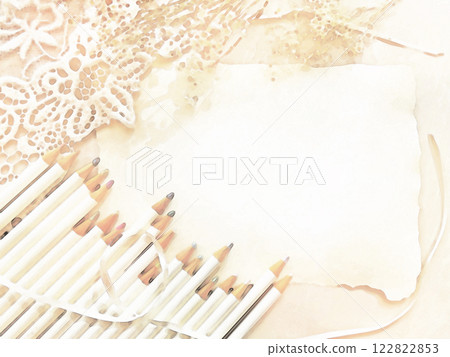 Colored pencils, lace and ribbon frame background illustration 122822853