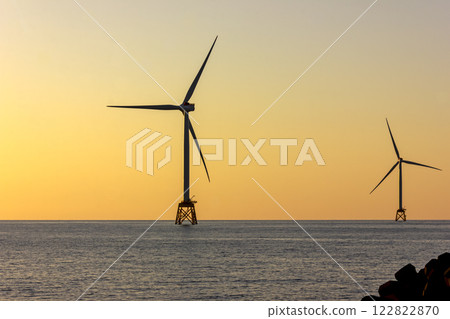 Ishikari Beach and wind power towers at dusk 122822870