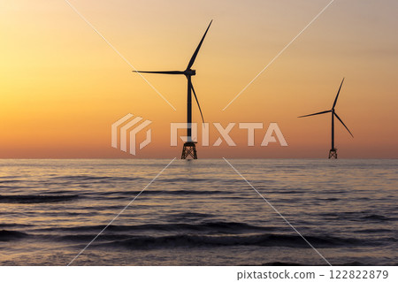 Ishikari Beach and wind power towers at dusk 122822879