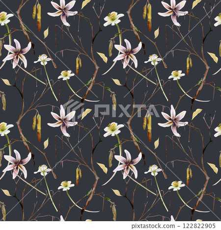 Branch with catkins, spring flowers white forest anemone primrose, fawn trout lily, watercolor hand drawn. Seamless pattern botanical illustration isolated on dark. Wedding, florist shop, stationery 122822905