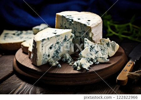 Roquefort, gorgonzola cheese with blue mold. French popular dairy product. Generative Ai 122822966