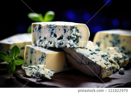 Roquefort, gorgonzola cheese with blue mold. French popular dairy product. Generative Ai 122822970