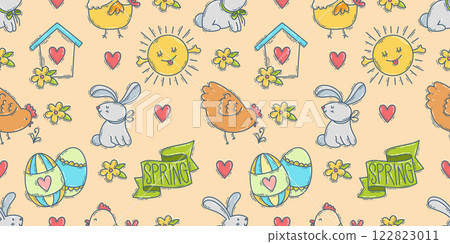 Easter doodle icons seamless pattern, hand-drawn spring hunt season theme background, cute bunny chick flower collection. 122823011