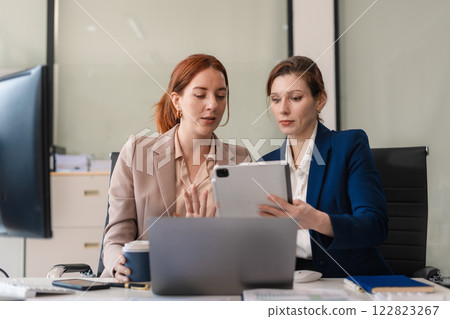 Finance manager meeting discussing company growth project success financial statistics. Finance manager meeting discussing company growth project success financial statistics. 122823267