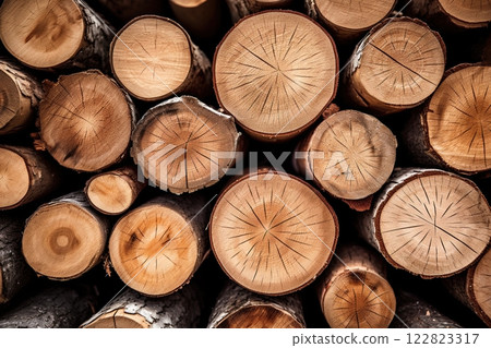 Wood logs .Log trunks pile, the logging timber wood industry. Wooden trunks. Ai generative 122823317