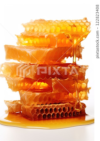 Honeycomb with dripping honey isolated on white background. Ai Generative Honeycomb with dripping honey isolated on white background. Ai Generative 122823408