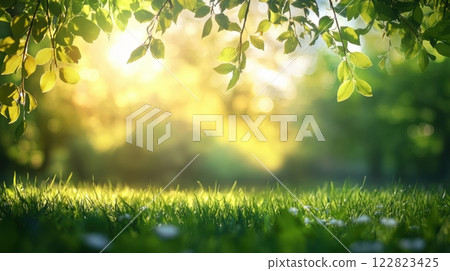 green leaves on the grass in the sunlight 122823425