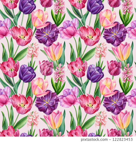colorful tulips, hyacinths watercolor floral seamless pattern spring flowers, botanical illustration for fabric, design 122823453