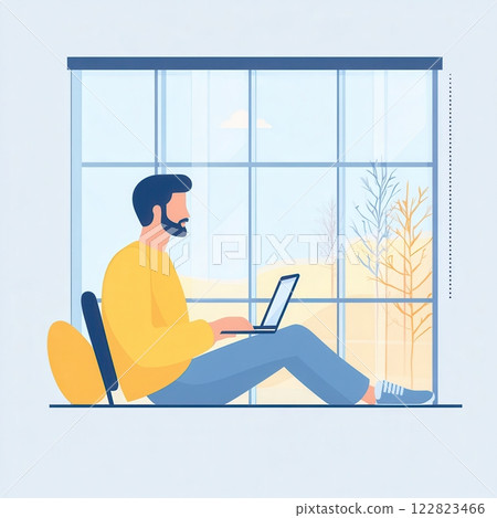 young man working on laptop sitting on sofa 122823466